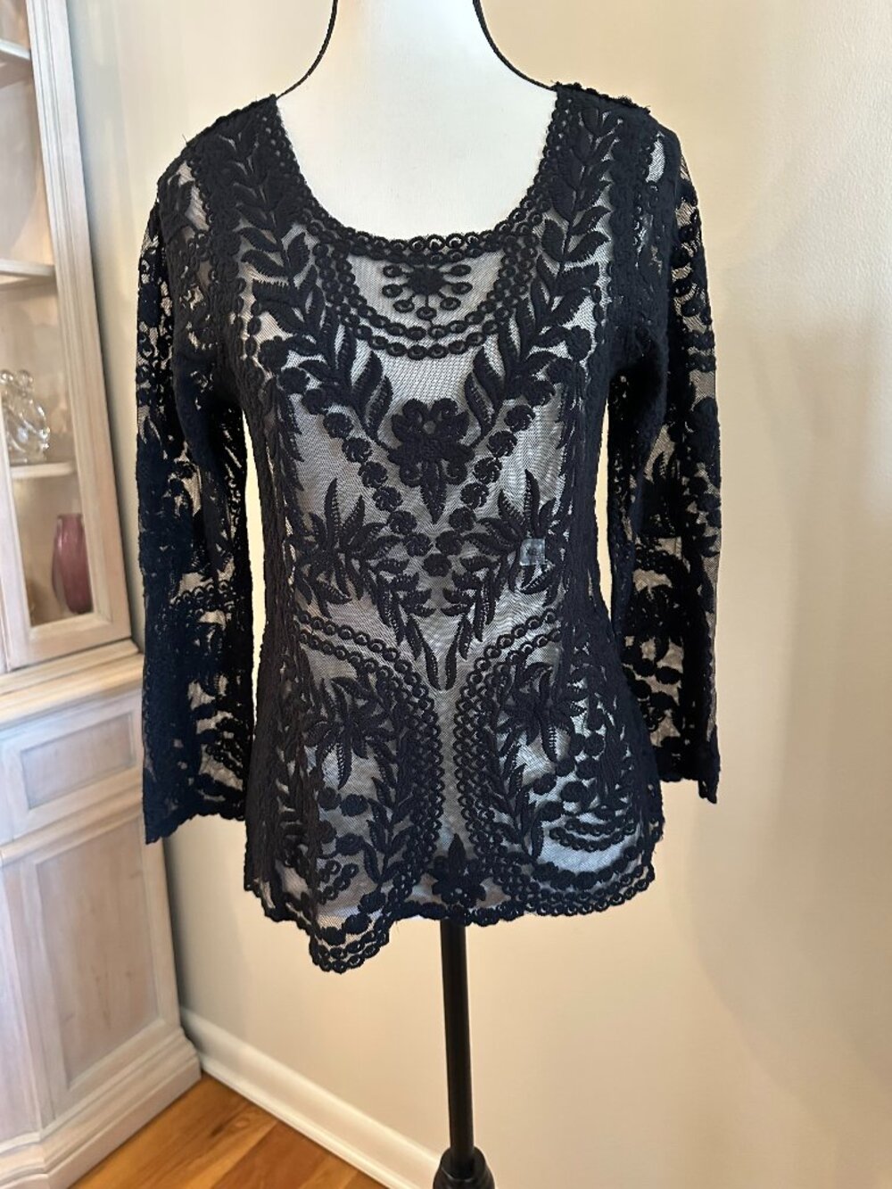 NWT Express XS Black Sheer Floral Embroidered Lace Mesh Top